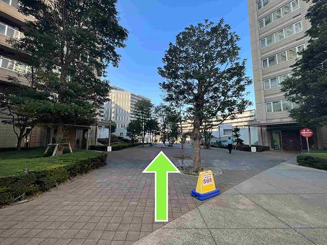 左右に居住棟を見ながら真っすぐ進む